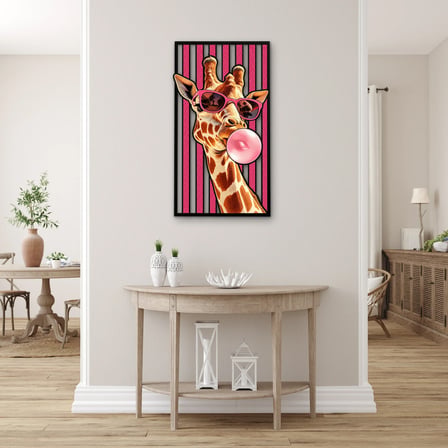 Pembe Çizgili Balon Sakızlı Zürafa Metal Tablo 53x95 cm