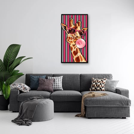 Pembe Çizgili Balon Sakızlı Zürafa Metal Tablo 53x95 cm