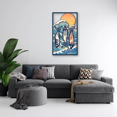 Dalgalarda Sardalyalar Metal Tablo 56x95 cm