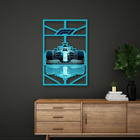 Turkuaz Formula 1 Yarış Aracı Metal Tablo 85x125 cm