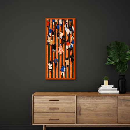 Turuncu Şeritlerde Yürüyen Kalabalık Metal Tablo 32x65 cm