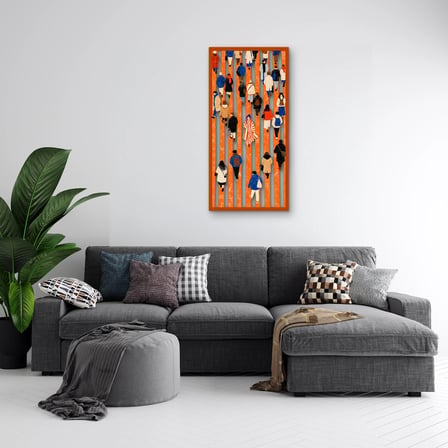 Turuncu Şeritlerde Yürüyen Kalabalık Metal Tablo 39x80 cm
