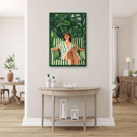 Çizgili Koltukta Dinlenen Kadın Metal Tablo 86x125 cm