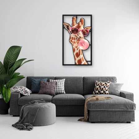 Gözlüklü Balon Sakızlı Zürafa Metal Tablo 29x50 cm