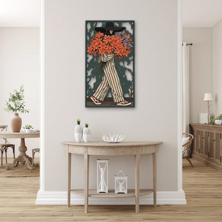 Çiçek Kucaklayan Şapkalı Kadın Metal Tablo 37x65 cm