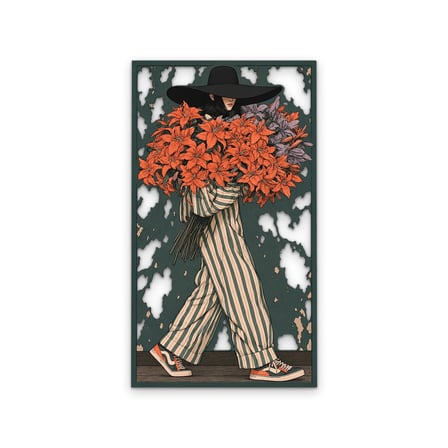 Çiçek Kucaklayan Şapkalı Kadın Metal Tablo 37x65 cm