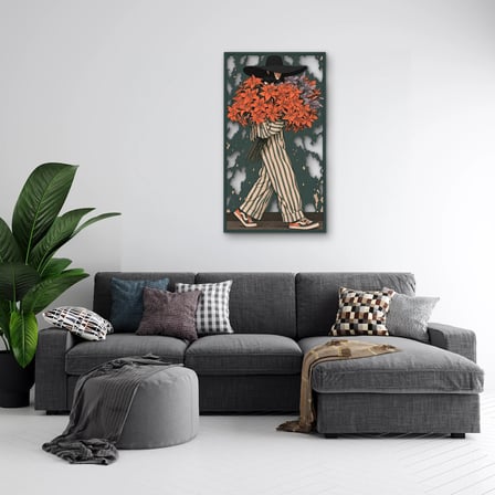 Çiçek Kucaklayan Şapkalı Kadın Metal Tablo 37x65 cm