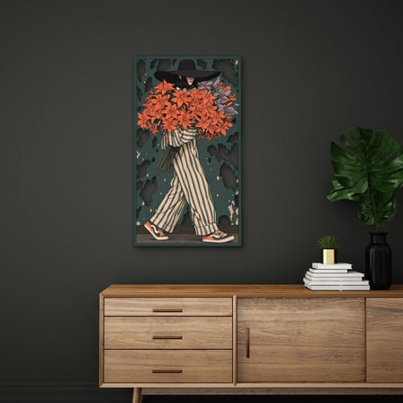Çiçek Kucaklayan Şapkalı Kadın Metal Tablo 37x65 cm