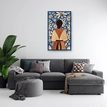 Papatya Desenli Panelde Kadın Metal Tablo 75x125 cm