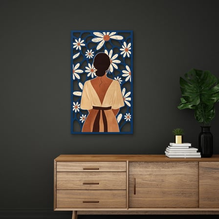 Papatya Desenli Panelde Kadın Metal Tablo 75x125 cm