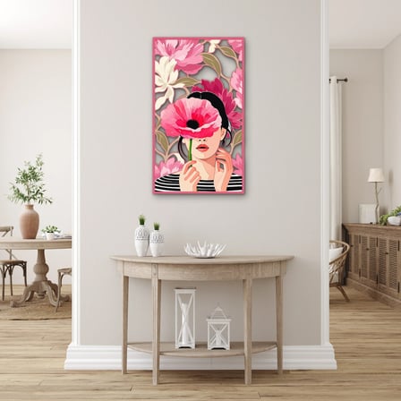 Pembe Gelincikli Kadın Portresi Metal Tablo 56x95 cm