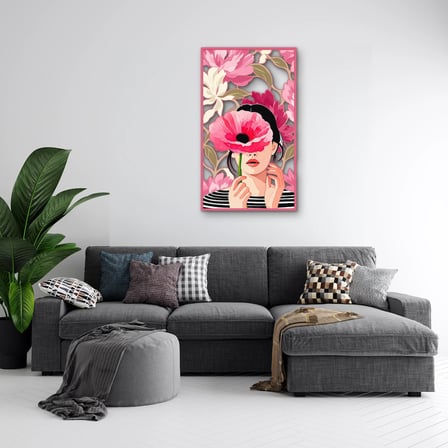 Pembe Gelincikli Kadın Portresi Metal Tablo 56x95 cm
