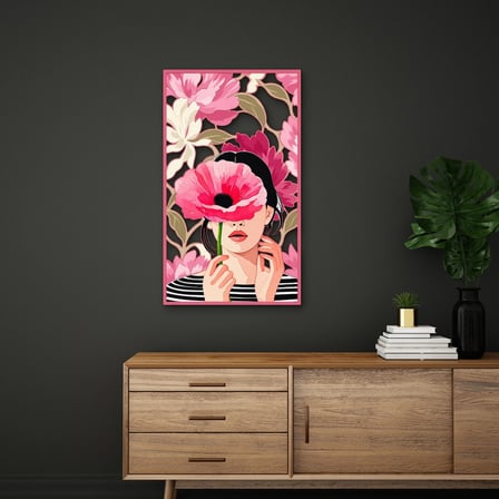 Pembe Gelincikli Kadın Portresi Metal Tablo 56x95 cm
