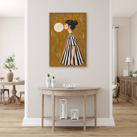 Balon Şişiren Çizgili Elbiseli Kız Metal Tablo 45x65 cm