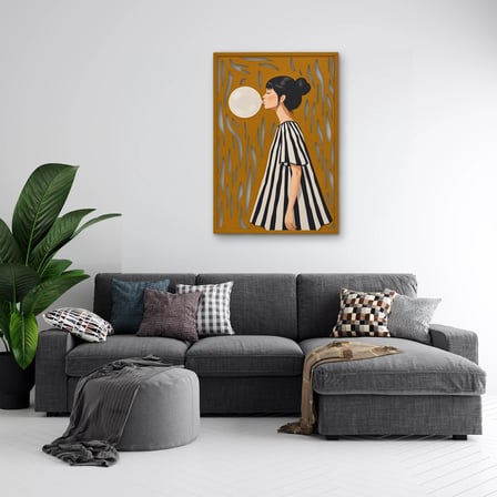 Balon Şişiren Çizgili Elbiseli Kız Metal Tablo 45x65 cm