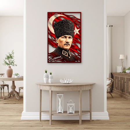 Kalpaklı Atatürk ve Türk Bayrağı Metal Tablo 33x50 cm