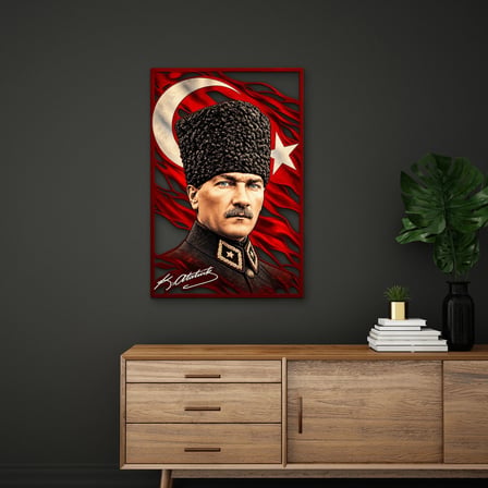 Kalpaklı Atatürk ve Türk Bayrağı Metal Tablo 33x50 cm