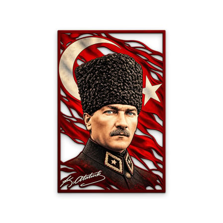 Kalpaklı Atatürk ve Türk Bayrağı Metal Tablo 53x80 cm