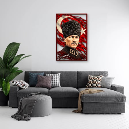 Kalpaklı Atatürk ve Türk Bayrağı Metal Tablo 53x80 cm