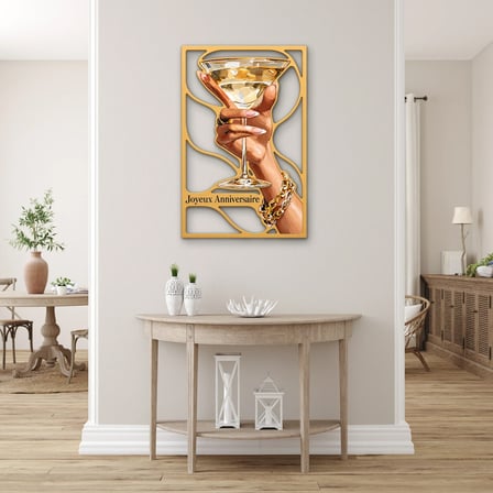 Altın Çerçeveli Şampanya Kadehi Metal Tablo 81x125 cm