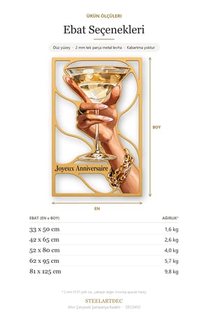 Altın Çerçeveli Şampanya Kadehi Metal Tablo 81x125 cm