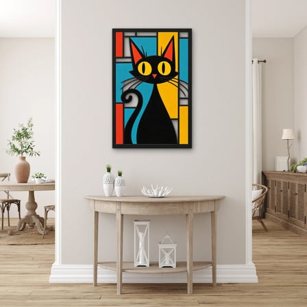 Vitray Panelde Siyah Kedi Metal Tablo 33x50 cm