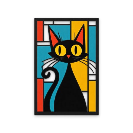 Vitray Panelde Siyah Kedi Metal Tablo 43x65 cm