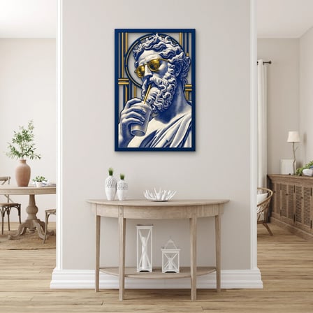 Kahve İçen Gözlüklü Heykel Metal Tablo 53x80 cm