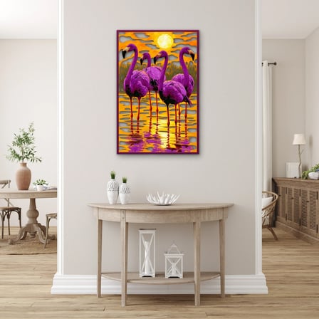 Gün Batımında Mor Flamingolar Metal Tablo 43x65 cm