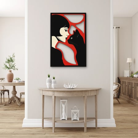 Kadın ve Siyah Kedi Metal Tablo 53x80 cm
