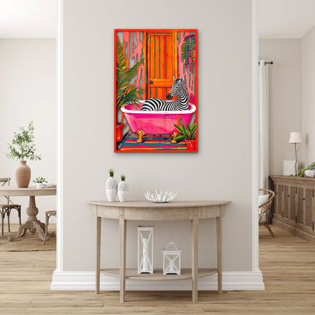 Pembe Küvette Zebra ve Turuncu Kapı Metal Tablo 85x125 cm