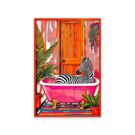 Pembe Küvette Zebra ve Turuncu Kapı Metal Tablo 85x125 cm