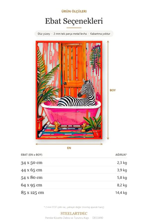 Pembe Küvette Zebra ve Turuncu Kapı Metal Tablo 85x125 cm