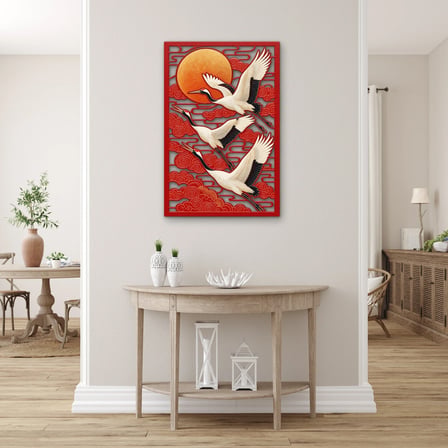 Kırmızı Bulutlarda Uçan Turnalar Metal Tablo 33x50 cm