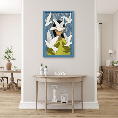 Beyaz Kuşlarla Kadın Metal Tablo 53x80 cm