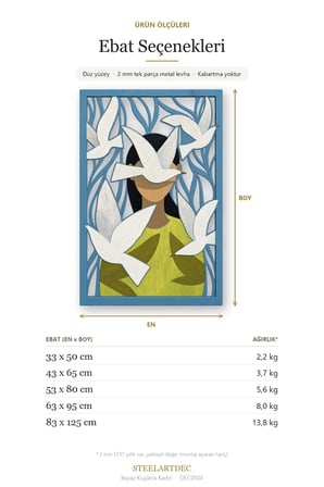 Beyaz Kuşlarla Kadın Metal Tablo 53x80 cm