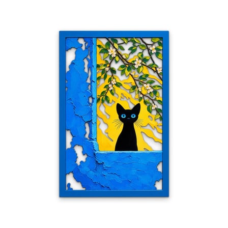Çiçekli Pencerede Siyah Kedi Metal Tablo 43x65 cm