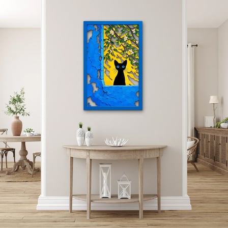 Çiçekli Pencerede Siyah Kedi Metal Tablo 53x80 cm