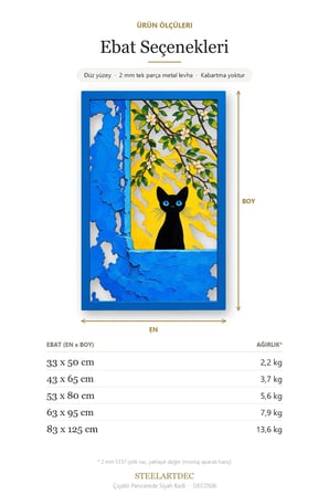 Çiçekli Pencerede Siyah Kedi Metal Tablo 53x80 cm