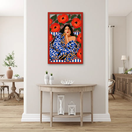 Gelincikler ve Desenli Elbiseli Kadın Metal Tablo 85x125 cm