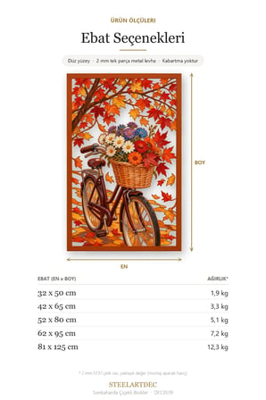 Sonbaharda Çiçekli Bisiklet Metal Tablo 81x125 cm