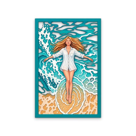 Turkuaz Dalgalarda Kadın Metal Tablo 43x65 cm