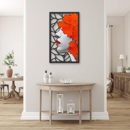 Turuncu Yapraklı Kadın Profili Metal Tablo 56x95 cm