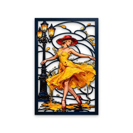 Sokak Lambası ve Sarı Elbiseli Dansçı Metal Tablo 43x65 cm