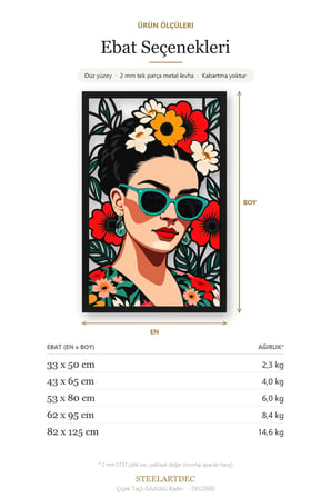 Çiçek Taçlı Gözlüklü Kadın Metal Tablo 43x65 cm