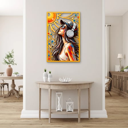 Kulaklıklı Güneşe Bakan Kadın Metal Tablo 53x80 cm