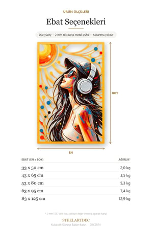 Kulaklıklı Güneşe Bakan Kadın Metal Tablo 53x80 cm