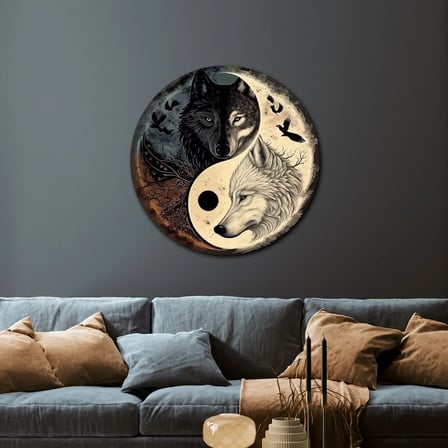 Yin Yang Kurtlar Yuvarlak Metal Tablo 30x30 cm