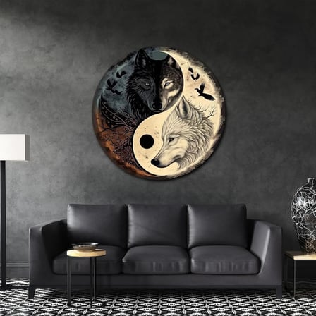 Yin Yang Kurtlar Yuvarlak Metal Tablo 30x30 cm