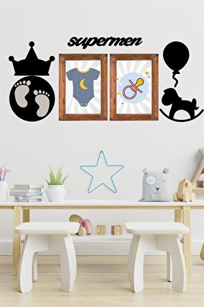  DECO103 Supermen Dekoratif Duvar Süsü Tablo Aksesuar Ahşap Tasarım Hediye Pano Sticker Seti